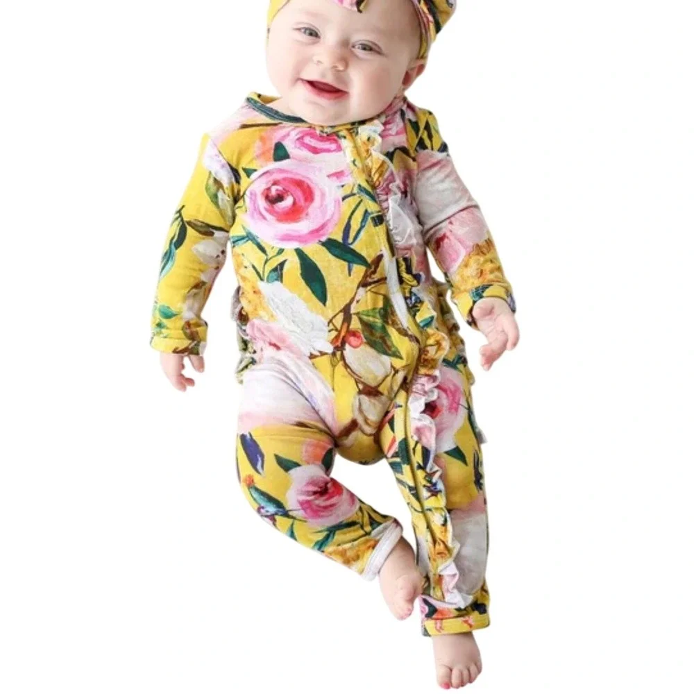 Posh Peanut Tuscan Yellow Ruffle Romper 12-18 Months Floral‎ Earlier Print HTF